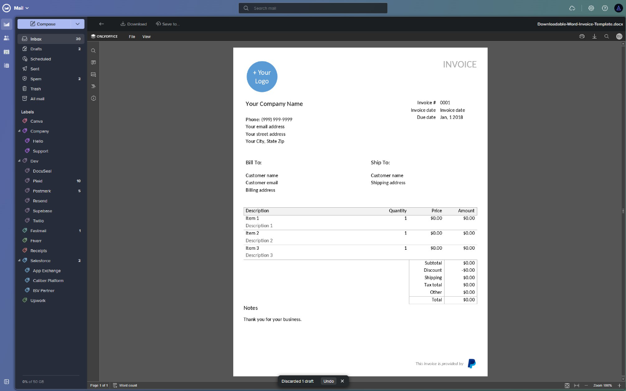 Word document preview inside Fastmail