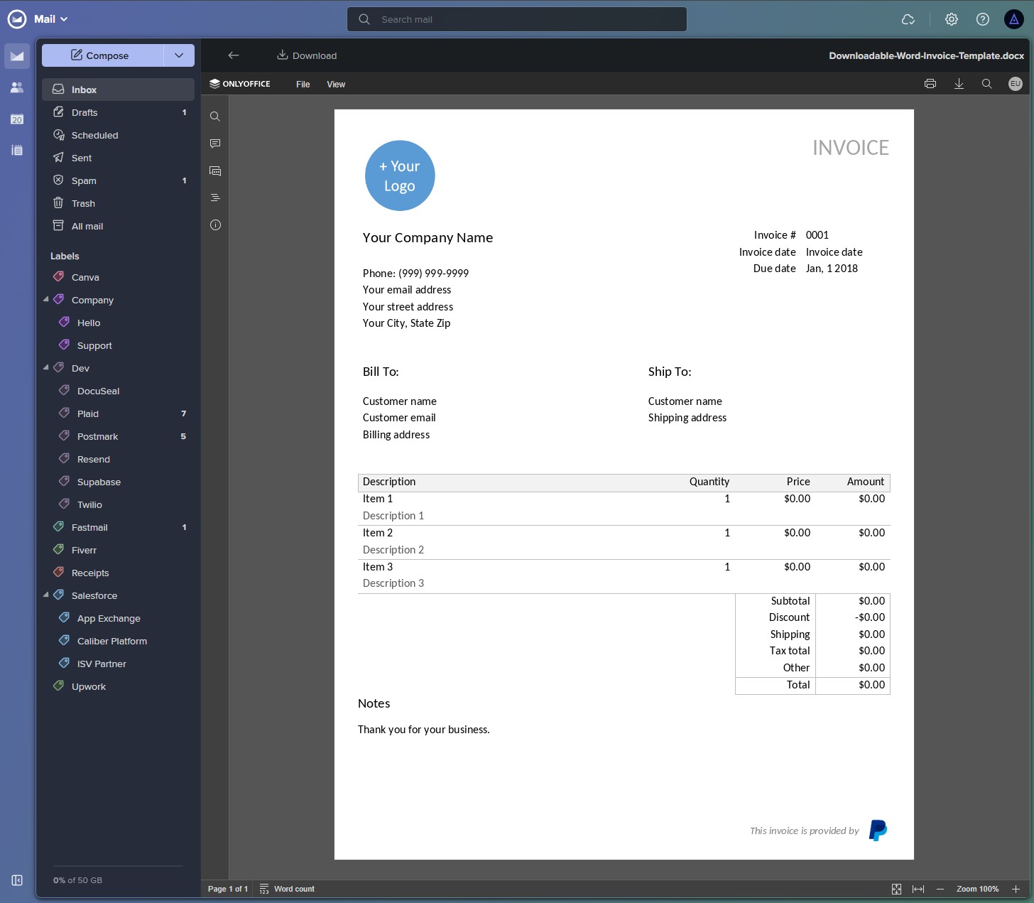 Word document preview inside Fastmail